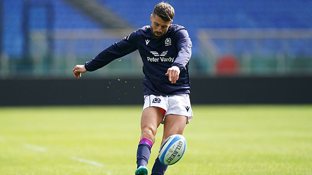 Adam Hastings practices kicking before Italy v Scotland match in 2022 Six Nations