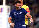 Ali Price celebrates scoring a try for Scotland v Romania at 2023 Rugby World Cup