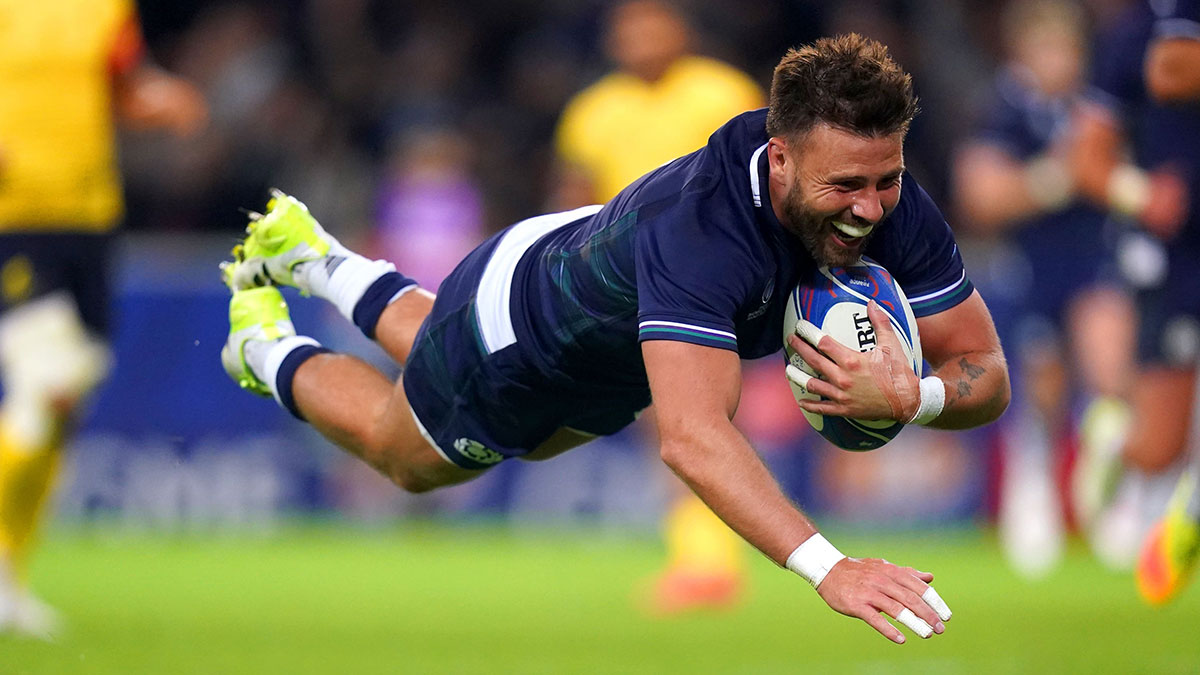 Ali Price scores a try for Scotland v Romania at 2023 Rugby World Cup