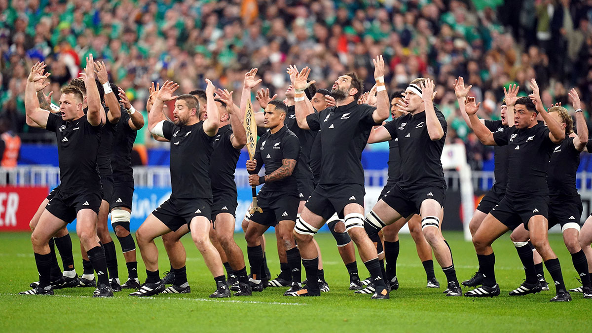 All Blacks perform the Haka before Ireland v New Zealand match at 2023 Rugby World Cup