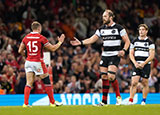 Alun Wyn Jones congratulates Leigh Halfpenny as he leaves the field in Wales v Barbarians match in autumn 2023