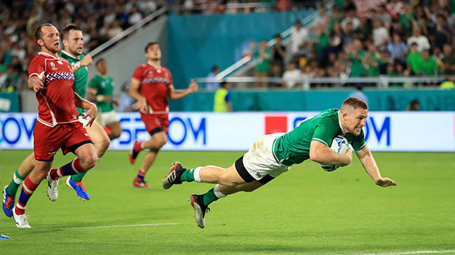 Andrew Conway scores Ireland's fourth try against Russia at World Cup