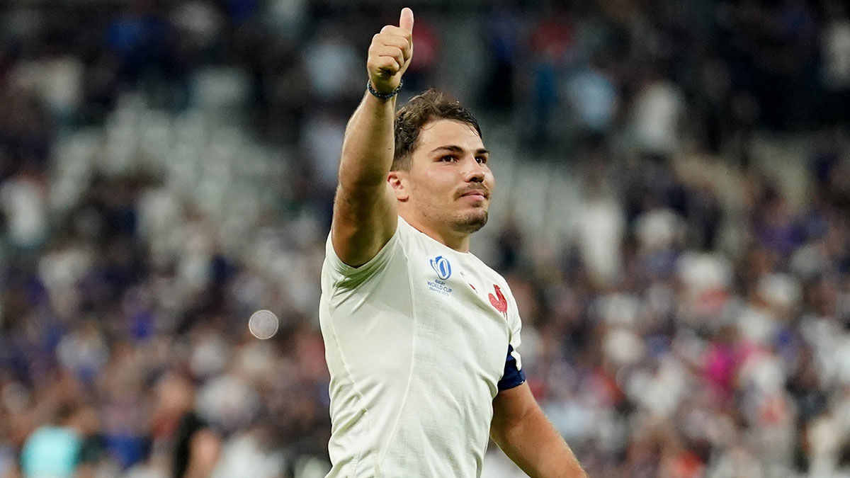 Antoine Dupont celebrates France victory over New Zealand at 2023 Rugby World Cup