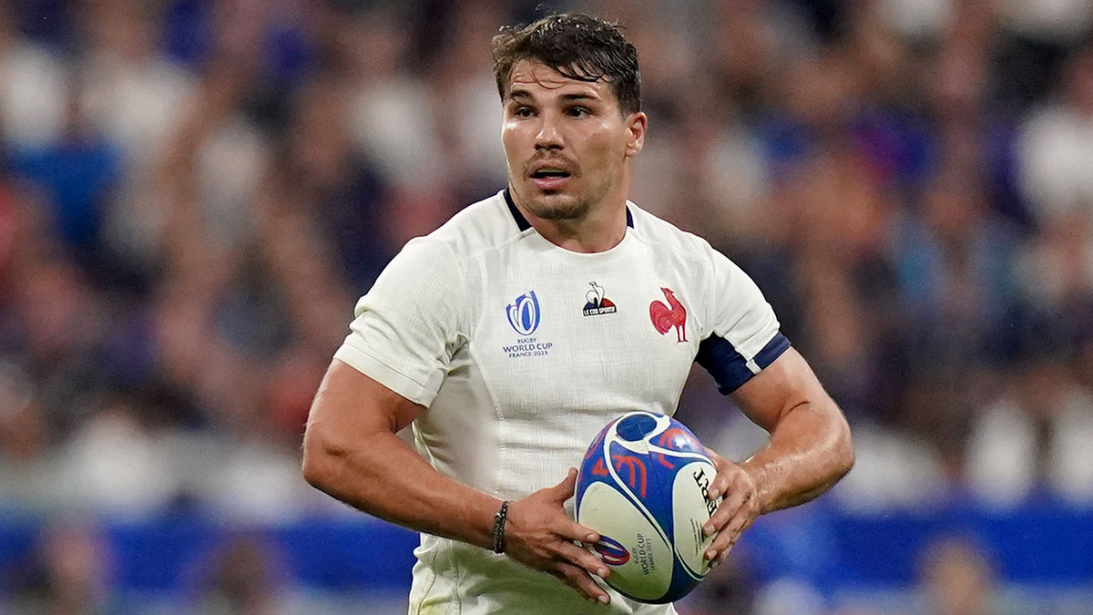 Antoine Dupont in action for France v New Zealand at 2023 Rugby World Cup