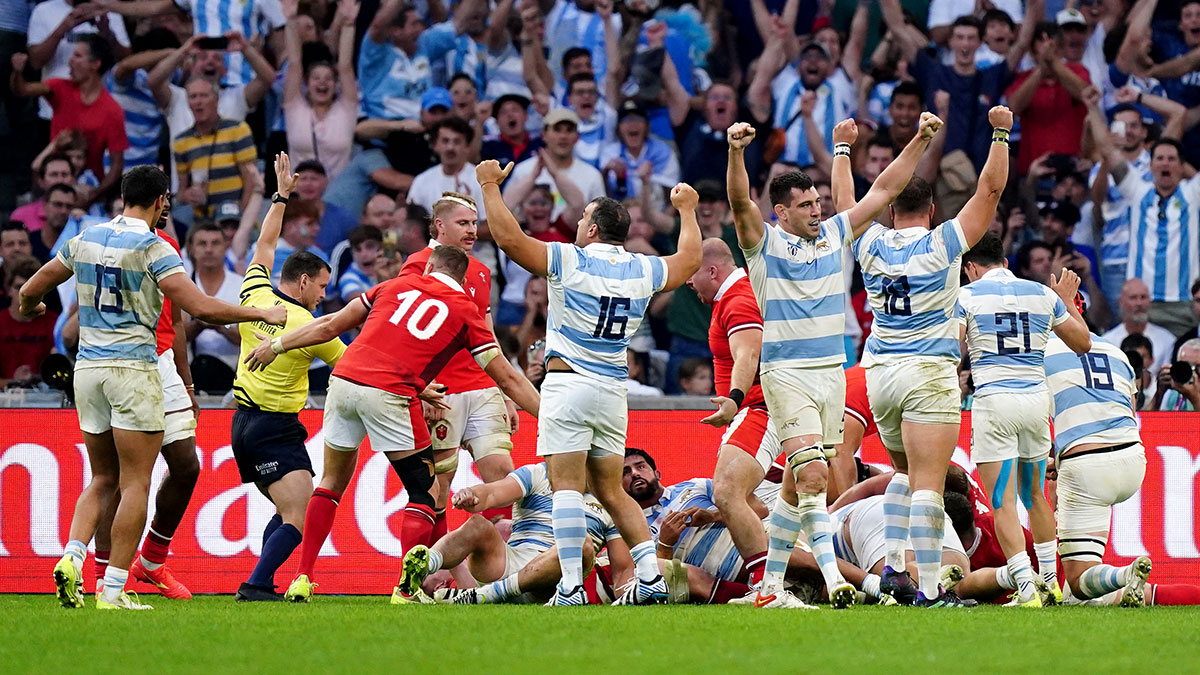 Argentina players celebrate a try against Wales in 2023 Rugby World Cup quarter final