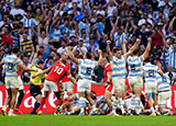 Argentina players celebrate a try against Wales in 2023 Rugby World Cup quarter final