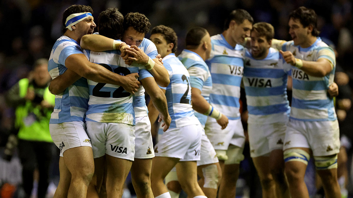 Argentina players celebrate after beating Scotland during 2025 Autumn Internationals