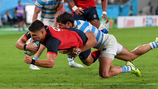 Ben Youngs scores England's third try in World Cup match against Argentina