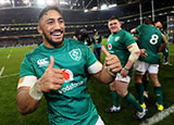 Bundee Aki celebrates after Ireland beat New Zealand in 2018 autumn internationals