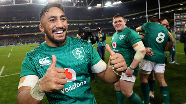 Bundee Aki celebrates after Ireland beat New Zealand in 2018 autumn internationals