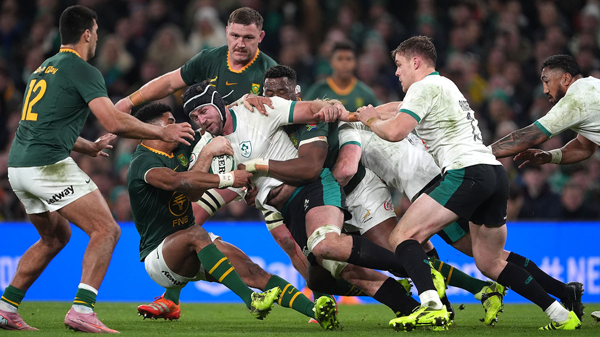 Caelan Doris is tackled in Ireland v South Africa match during 2025 Autumn Internationals