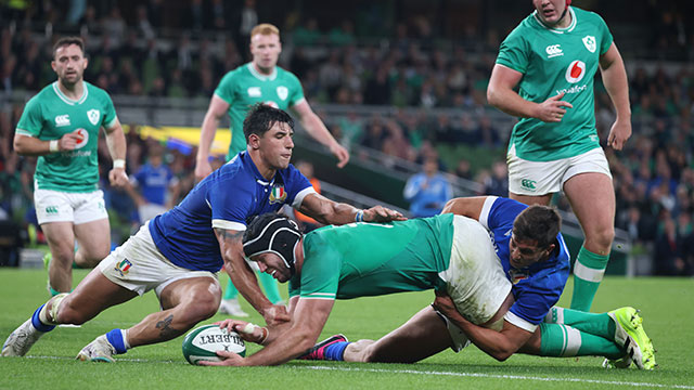 Caelan Doris scores a try for Ireland v Italy during 2023 summer internationals