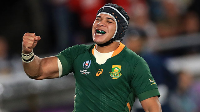 Cheslin Kolbe celebrates scoring a try for South Africa in World Cup final