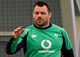 Cian Healy during an Ireland training session in 2023 Six Nations
