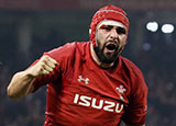 Cory Hill celebrates scoring a try for Wales v England in 2019 Six Nations