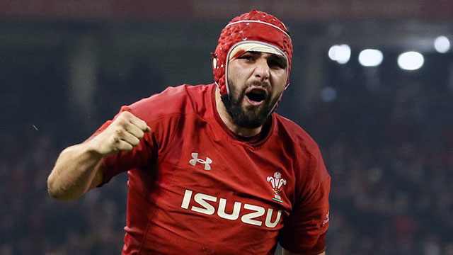 Cory Hill celebrates scoring a try for Wales v England in 2019 Six Nations