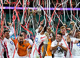 Courtney Lawes holds the Ella Mobbs Cup after England victory over Australia in 2022 summer tour