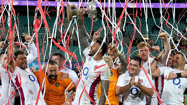 Courtney Lawes holds the Ella Mobbs Cup after England victory over Australia in 2022 summer tour