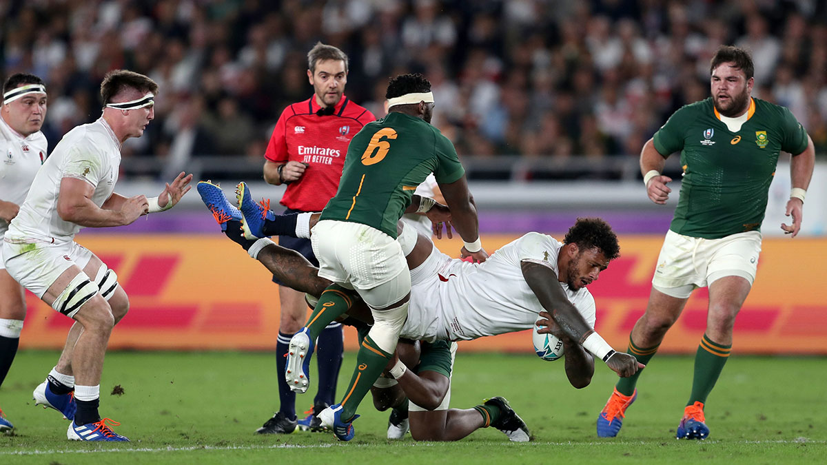 Courtney Lawes is tackled during England v South Africa 2019 Rugby World Cup final