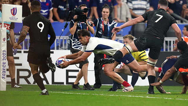 Damian Penaud scores a try for France v New Zealand at 2023 Rugby World Cup