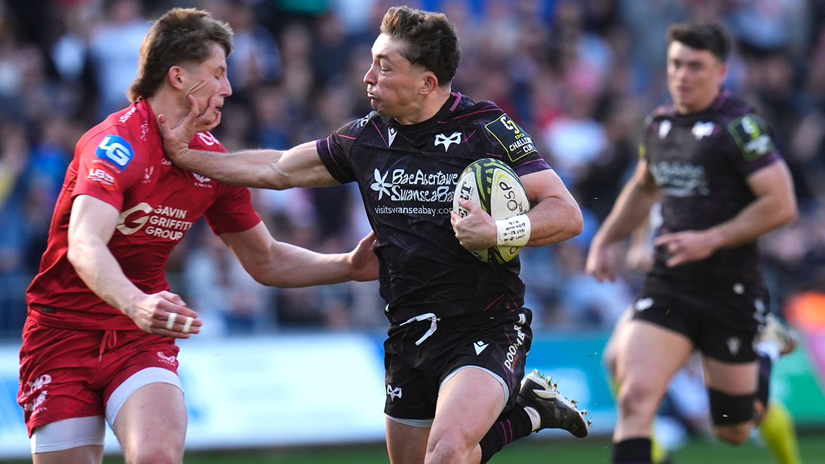 Dan Edwards in action for Ospreys v Scarlets during 2025 Challenge Cup match
