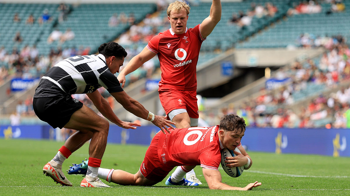 Dan Edwards scores a try for Wales against Barbarians during 2026 summer internationals