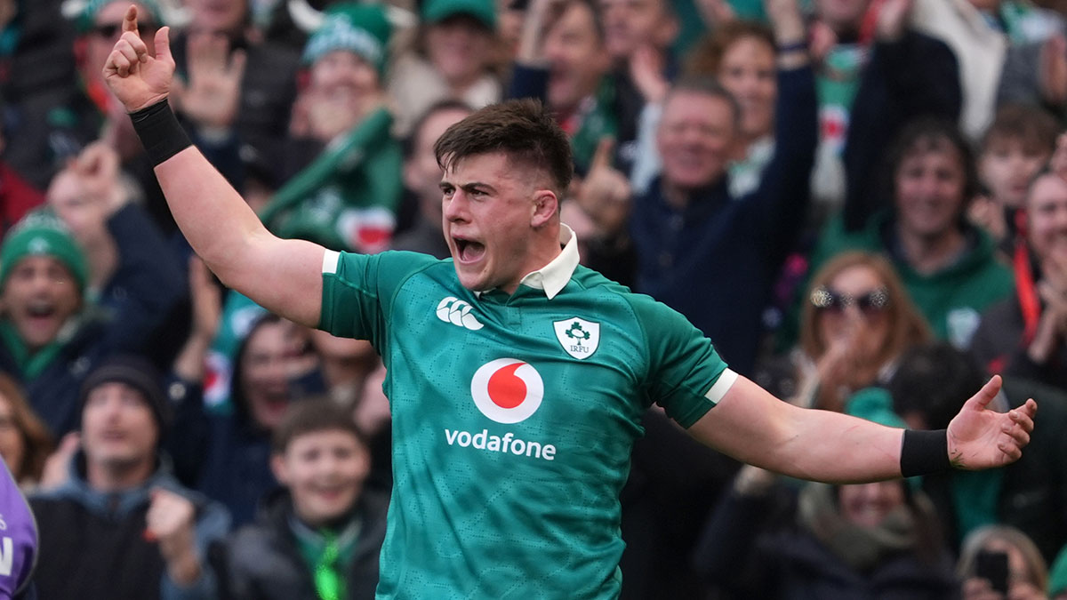 Dan Sheehan celebrates scoring a try for Ireland v Scotland during 2026 Six Nations