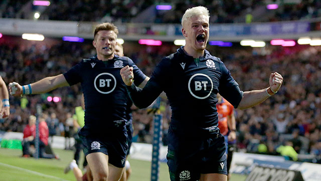 Darcy Graham celebrates scoring a try for Scotland v Georgia in World Cup warm up