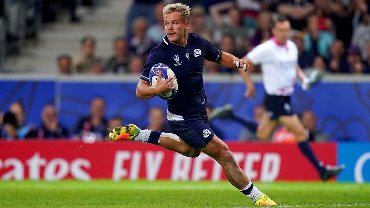 Darcy Graham runs through to score a try for Scotland v Romania in 2023 Rugby World Cup