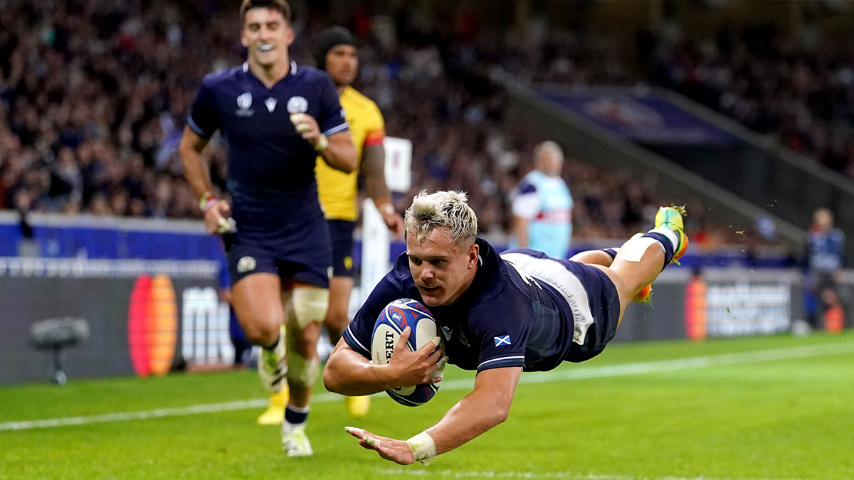 Darcy Graham scores a try for Scotland v Romania at 2023 Rugby World Cup