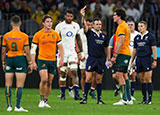 Darcy Swain is shown a red card in Australia v England match during 2022 summer Tests