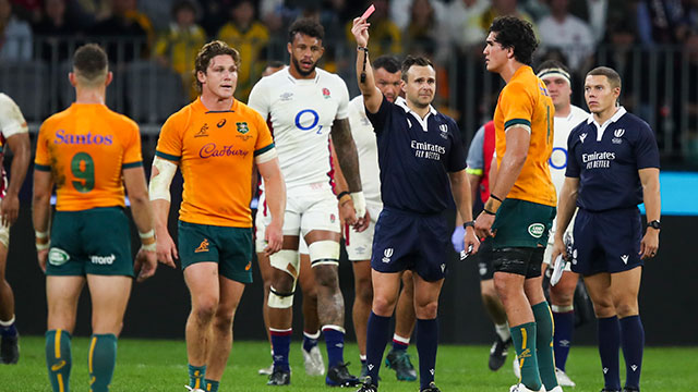 Darcy Swain is shown a red card in Australia v England match during 2022 summer Tests