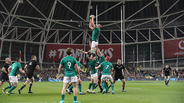 Devin Toner catches a line out during the Ireland v New Zealand autumn international