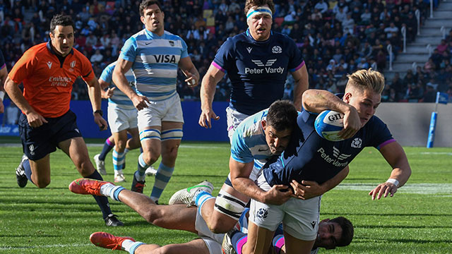 Duhan van der Merwe scores a try for Scotland against Argentina during 2022 summer tour