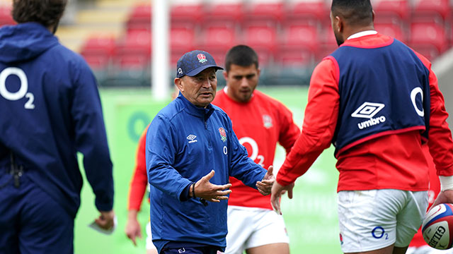 Eddie Jones takes an England training session at Welford Road