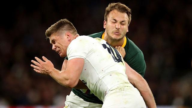 England's Owen Farrell tackles South Africa's Andre Esterhuizen