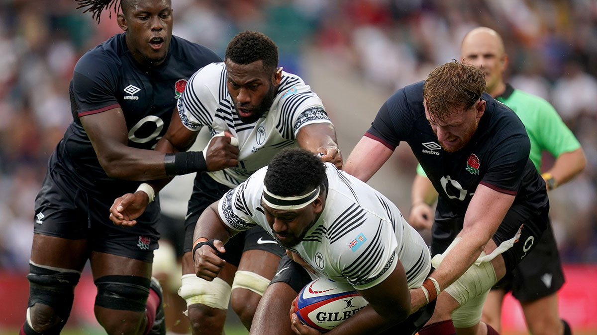 Eroni Mawi in action for Fiji against England during 2023 Summer Internationals
