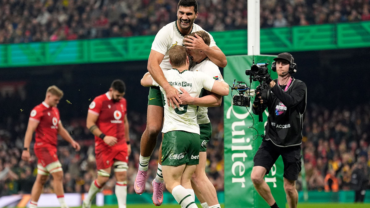 Ethan Hooker celebrates a try for South Africa against Wales in 2025 Autumn Internationals
