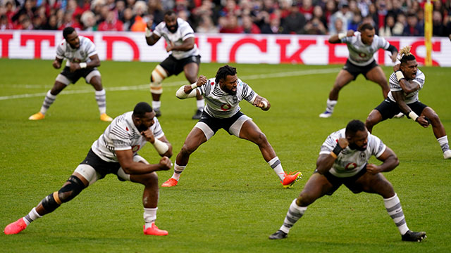 Fiji perform the Cibi before match against Wales during 2021 Autumn Internationals