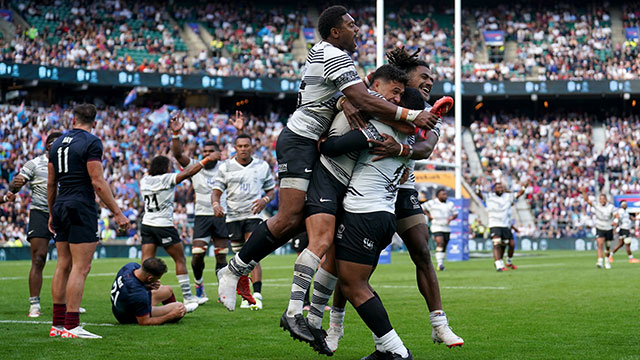 Fiji players celebrate victory over England at Twickenham in 2023 summer internationals