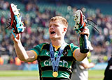 Fin Smith celebrates after Premiership final at Twickenham Stadium