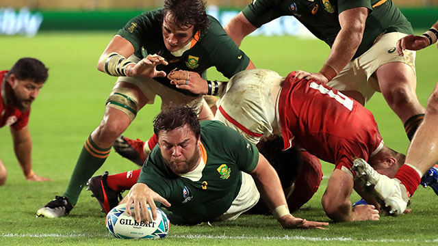 Frans Malherbe scores South Africa's 10th try against Canada at World Cup