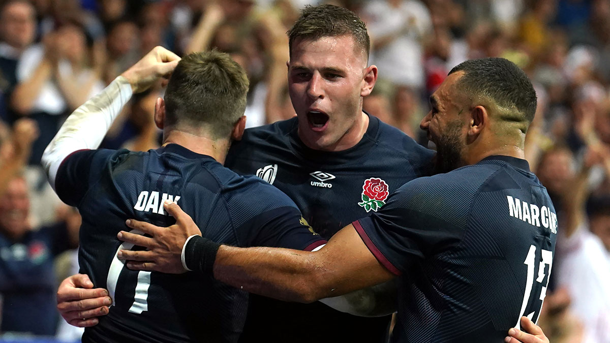 Freddie Steward celebrates his try for England v Japan at 2023 Rugby World Cup