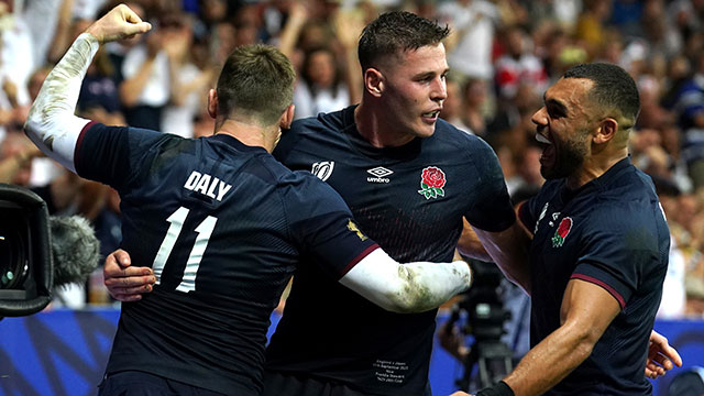 Freddie Steward celebrates his try for England v Japan at 2023 Rugby World Cup