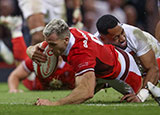 Gareth Davies scores a try for Wales v England during the 2023 Summer Internationals