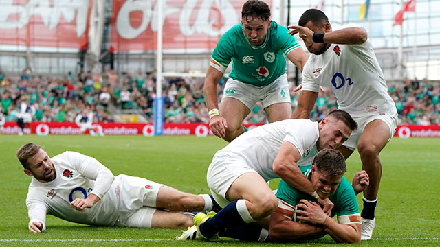 Garry Ringrose scores a try for Ireland v England during 2023 summer internationals