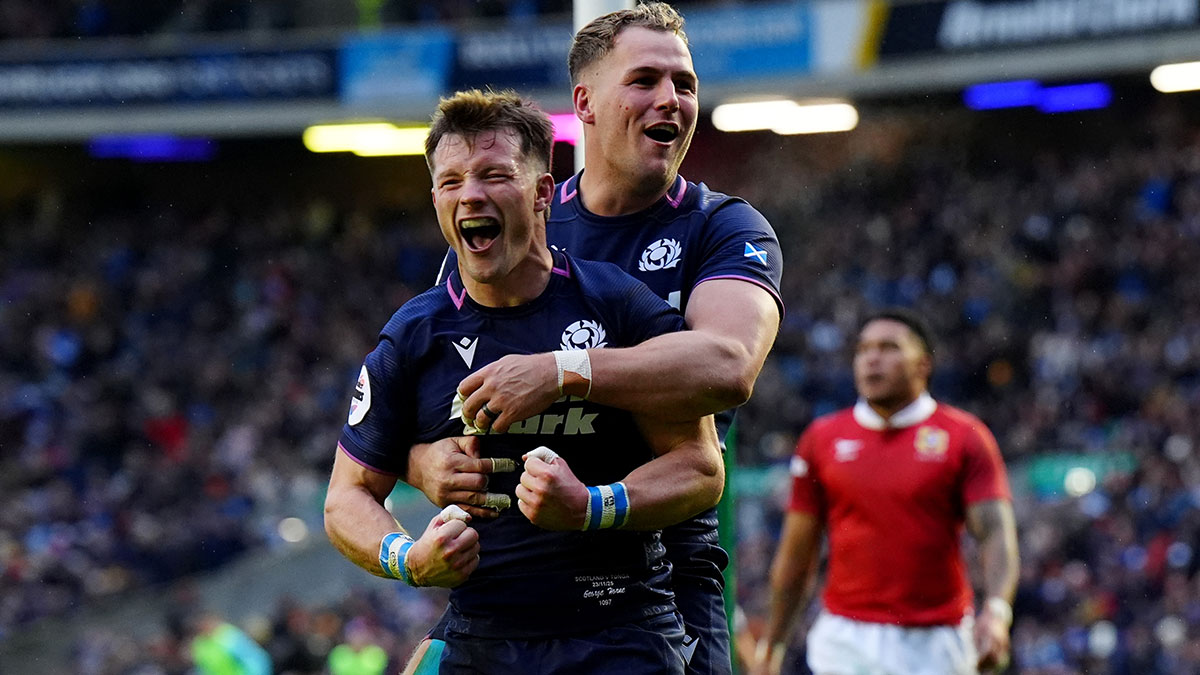 George Horne celebrates a try for Scotland v Tonga during 2025 Autumn Internationals