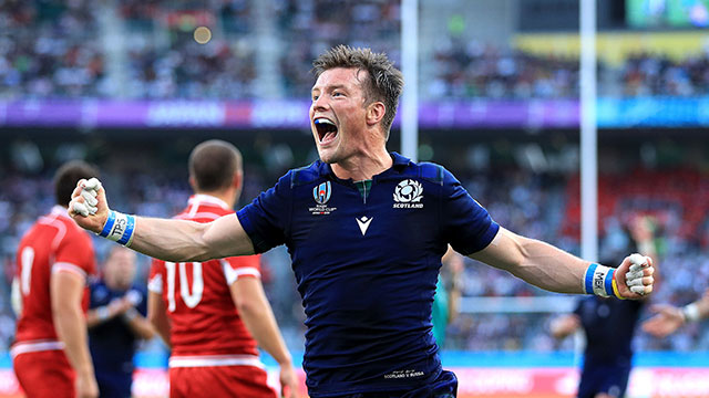 George Horne celebrates scoring a try for Scotland v Russia in World Cup