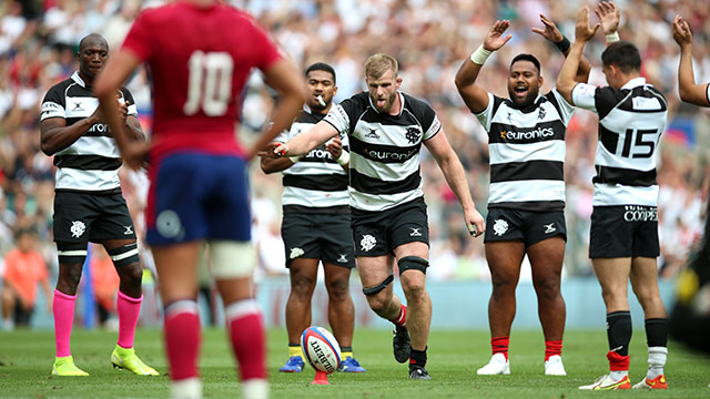 George Kruis kicks a conversion for the Barbarians against England at Twickenham