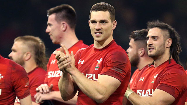 George North celebrates with Wales team mates during 2019 Six Nations